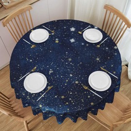 JESTRONRY Night Sky Starry Tablecloth,Blue Galaxy Space Pattern Table Cover, Water Resistant Wipeable Tablecloths for Kitchen Dinning Room Decor,Round(50x50in)