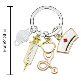 1 x Keyring Nurse Doctor Doctor Medical Student Gift Nurse Keyring with Syringe Hat and Stethoscope Metal Keyring Hanging Pendant, Colour size:
