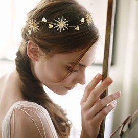 Campsis Flower Wedding Hair Vine Gold Pearl Bridal Hair Piece Crystal Bride Hair Accessories Rhinestone Hair Jewelry Bead Headpiece Prom Birthday Party for Women and Girls