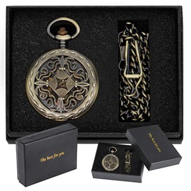 Whodoit Retro Bronze Chinese Knot Hollow Mechanical Pocket Watch,Hollow Pattern Mechanical Self-Winding Roman Numeral Skeleton Dial Pocket Watches for Men