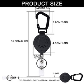 Retractable Key Chain, 1 Piece Heavy Duty Carabiner Badge Holder Tactical ID Badge Reel Retractable Key Chain with 65cm Retractable Steel Cable Bearing 8oz (Black)