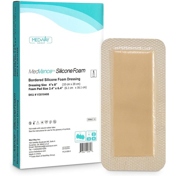 MedVanceTM Silicone - Bordered Silicone Adhesive Foam Dressing Size 4”X8” (2.4"x 6.4" Pad) Box of 5 dressings