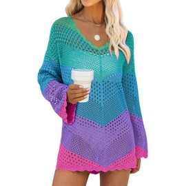 ANRABESS Women Swimsuit Crochet Swim Cover Up Summer Bathing Suit Swimwear V Neck Mesh Knit Beach Dress Vacation Outfits Small