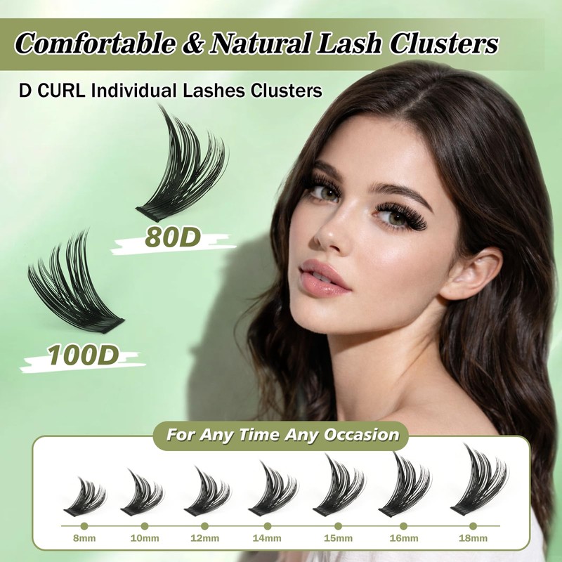 Volume Lash Clusters, 80D/100D Thick Eyelash Clusters 8–18mm D Curl,