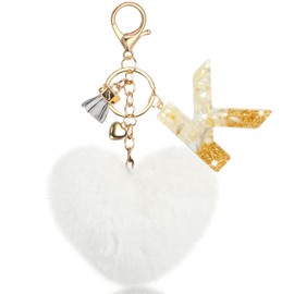 MWOOT Name Initial K Keyring, Alphabet Letter K Keychain with Heart Pom Pom, Bag Charm Ornament for Women Car Key Purse Backpack Bag Decorations, White Resin Key Holder Pendant