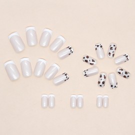 Cute Short Square Press on Nails 24Pcs False Fake Nails Summer Simple Nude Leopard Print Thick Glossy Acrylic French Nails for Women W748