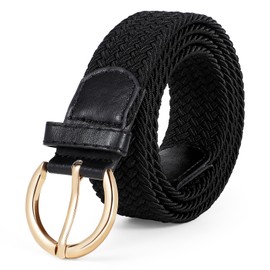 WERFORU Ladies Stretch Belt with Gold Buckle Women's Elasticated Woven Braided Belt for Jeans Pants Black