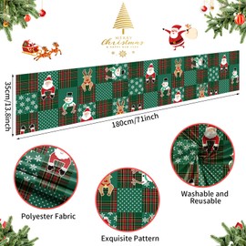 Christmas Table Runner, Green Buffalo Plaid Merry Christmas Table Decoration, Santa Claus Elk Snowman Holiday Tablecloth for Dresser Scarves Dining Farmhouse Kitchen Coffee Table Xmas Party Decor