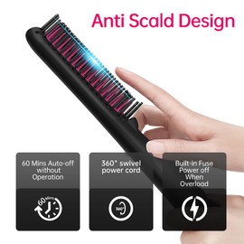 Prizm Hair Straightener Brush, 2-in-1 Double Negative Ion Hot Comb for Smooth, 30s Fast Heating for Smooth, Frizz-Free, Shine Hair, Anti Scald, Temp Lock, LCD Display, Portable for Home & Travel