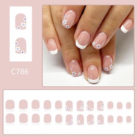 White French tips Press on Nails Short Square Fake Nails with Design White Flower Glue on Nails Nude Stick on Nail Glossy Spring Nails Reusable Summer False Nail for Women Girls Manicure 24pcs