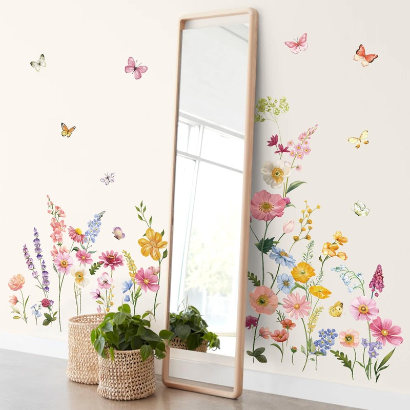 decalmile Summer Garden Flower Wall Decals Daisy Wildflower Grass Butterflies