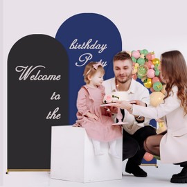 Double Color Set of 3 Arch Backdrop Cover,Spandex Fitted Wedding Arch Cover,Round Top Arch Backdrop Stands Cover for Birthday, Party, Baby Shower Decorations (4ft/5ft/6ft Black+Blue)