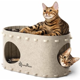 DownyPaws Cat House for Indoor Cats, Cat Bed Cave for Multiple & Large Cats Up to 22 Lbs, Scratch Resistant Peekaboo Cat Caves, Foldable Cat Tunnel Enclosed Bed, PeekaPurr, Cream