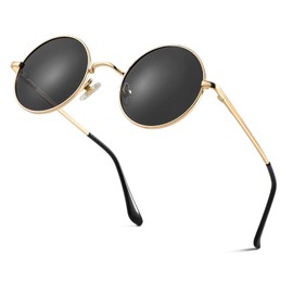 Retro Small Round Polarized Sunglasses for Men Women Circle Hippie Style Sun Glasses (Gold Frame/Black Lens)