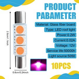 QZTYTY 10PCS T6 5050 Car LED Sun Visor Lights, Festoon LED Bulb, Car 28mm LED Reading Light, Car Interior Sun Visor Vanity Mirror Dome Light Lamp Universal for Most Vehicles (Pink)