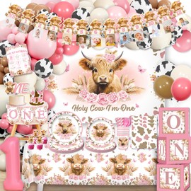 cocomigo 254 PCS Holy Cow I'm One Birthday Decorations Complete Party Set, Highland Cow 1st Birthday Decorations Girl, for Cow Theme Girl 1st Party Supplies Serves 20 Guests
