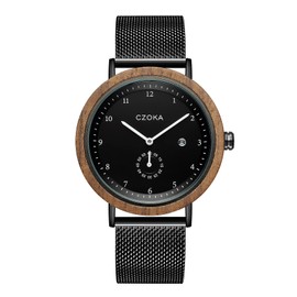 CZOKA Wooden Watch for Men and Women, Japanese Quartz Movement, Date Display, Natural Wood Case, Leather Strap, Diameter 42mm, Black Walnut-2, Bracelet