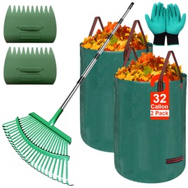ILYZTL 73 Inch High 19Inch Wide Rake for Leaves, 25 Tines Metal Leaf Rake Set with 2 Pack 32 Gallon Leaf Bags Scoops, Garden Rakes for Gardening Lawns Yard Outdoor Camping Shrub Grass Bush