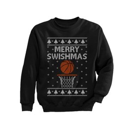 Tstars Basketball Boys Ugly Christmas Sweater Style Sweatshirt Merry Swishmas Xmas Holiday Youth Kids Sweatshirts Medium Black