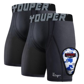 Youper Youth Boys Compression Sliding Shorts with Soft Protective Cup for Baseball Football Hockey (2-Pack) (Black, X-Large)