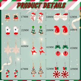 SOMEITIA 12Pairs Christmas Earrings Sets for Women Snowflake Santa Claus Jingle Bell Stud Dangle Earrings Christmas Snowman Glove Hat Stud Earring Christmas Festival Earring Jewelry Sliver