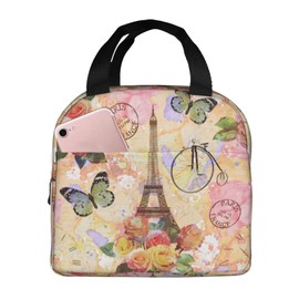 Duduho Paris Eiffel Tower Butterfly And Flowers Lunch Bag Compact Tote Bag Reusable Lunch Box Container For Women Men School Office Work