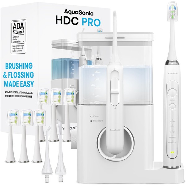 AquaSonic Home Dental Center PRO – Brushing & Flossing Made Easy – Brush & Floss – Power Toothbrush & Water Flosser – Whiter Teeth & Healthier Gums – ADA Approved(White)