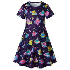 RAISEVERN Little Girls Dress Space Galaxy Planet Casual Short Sleeve Sundress Kids Swing Twirly Midi Summer Dresses Size 7