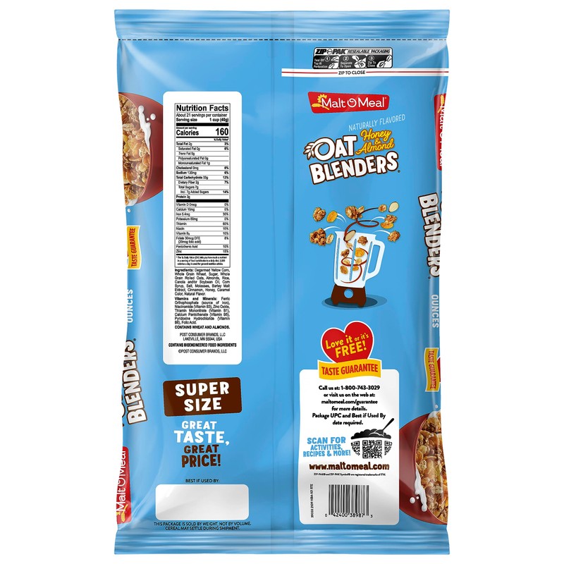 Malt-O-Meal Honey and Oat Blenders® with Almonds Breakfast Cereal, Family