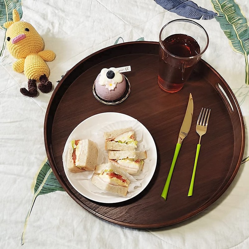 i-lan 16" Large Round Wooden Serving Tray with 2" Sides,