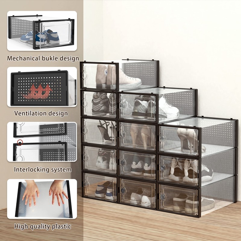 Hrrsaki Stackable Clear Shoe Storage Boxes - 15 Pack Foldable