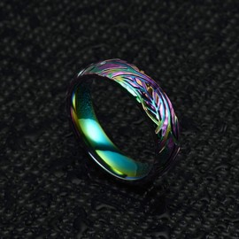 THREE KEYS JEWELRY 6mm Rainbow Color Plated Titanium Ring Leaf Texture Pattern Engraved Hammered Design Wedding Band Engagement Ring for Men Women Comfort Fit 11