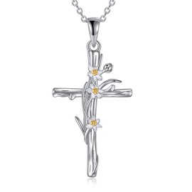 LUHE Women Cross Necklace Sterling Silver Daffodils Flower Religious Cross Pendant Necklace Jewelry Christmas Gifts Daffodils cross necklace March Birth Flower