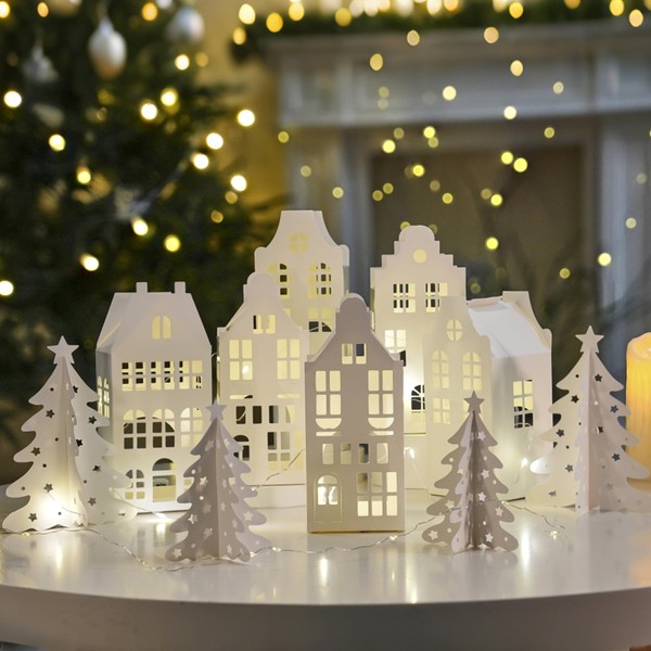 FESTGLOX 10Pcs Paper Christmas Village Set, Paper White Houses, Trees,with