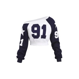 Verdusa Women's Graphic Off The Shoulder Jersey Sweatshirt Asymmetrical Neck Long Sleeve Crop Tops Blue Medium