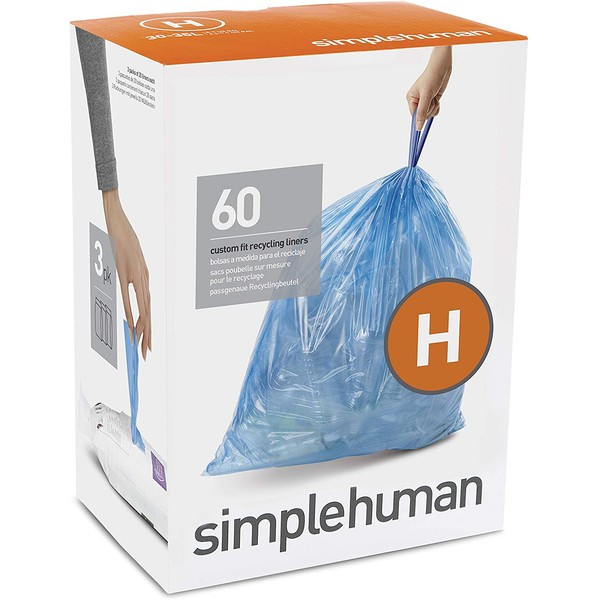 simplehuman Code H Custom Fit Drawstring Recycling Trash Bags, 30-35 Liter / 8-9 Gallon, Blue, 60 Count