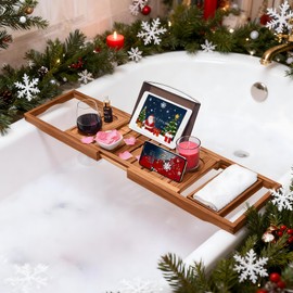 Utoplike Teak Bathtub Caddy Tray Bath Tray for Tub, Unique Bathtub Organizer with Book Tablet Wine Glass Cup Towel Holder, Adjustable, for Your Loved