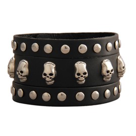 GelConnie Wide Cuff Wrap Gothic Wristband Leather Wrist Band Skull Black Leather Wrist Band Punk Braided Rope Alloy Bracelet
