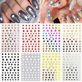 8 Sheets Star Nail Art Stickers 3D Glitter Shiny Star Nail Decals Self-Adhesive Holographic Laser Pink Gold Silver Red Black Heart Nail Art Design DIY Nail Art Decoration for Women Girls Kids Manicure Tips (Star)