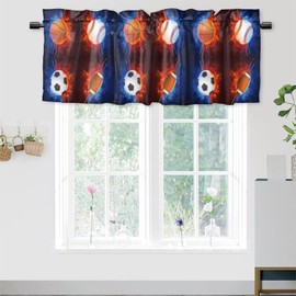 DGESTE Sports Splash Art Valance Curtains for Kitchen Bathroom Bedroom Cafe Living Room,Sports Balls Print Art Rod Pocket Decor Short Window Curtain 1 Panel, 54x18 Inch