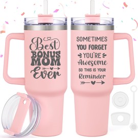 LiqCool Bonus Mom Gifts, 40 Oz Best Bonus Mom Ever Tumbler Cup, Step Mom Christmas Gifts from Daughter, Unique Popular Presents Gifts Ideas for Stepmom on Christmas Birthday(Pink)