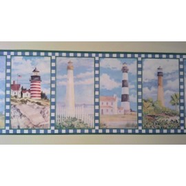 Lighthouse Wallpaper Border - Green/Blue Checks…