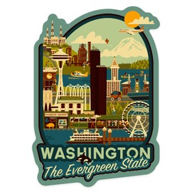 Die Cut Sticker Washington, The Evergreen State, Geometric, Contour Vinyl Sticker 3 to 6 inches, (Waterproof Decal for Cars, Water Bottles, Laptops, Coolers), Large