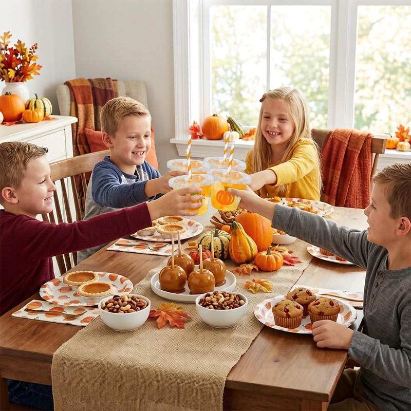 100Pcs Fall Pumpkin Disposable Plastic Cups with Lids and Straws