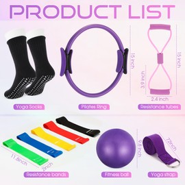 Silipull Set of 6 Pilates Ring and Ball Essentials Kit for Women 14" Circle Yoga Exercise Ball 5 Resistance Bands Stretching Workout at Home Pilates Equipment for Beginner Home Workouts(Purple)