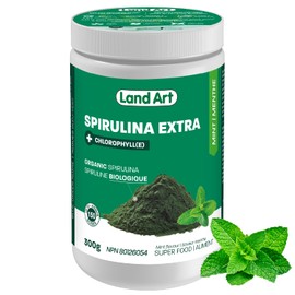 Certified Organic Fresh Spirulina Extra Powder 300g - Improved with Bioavailable Chlorophyll Added - Mint flavoured - Clean Source - 3rd party tested - Measuring Spoon Inside - Made in Canada