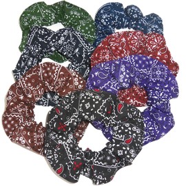 Bandana Print Fabric Hair Scrunchies Set of 7 Ponytail Holders Black Black/Red Brown Rust Navy Purple Hunter Green handmade by Scrunchies by Sherry