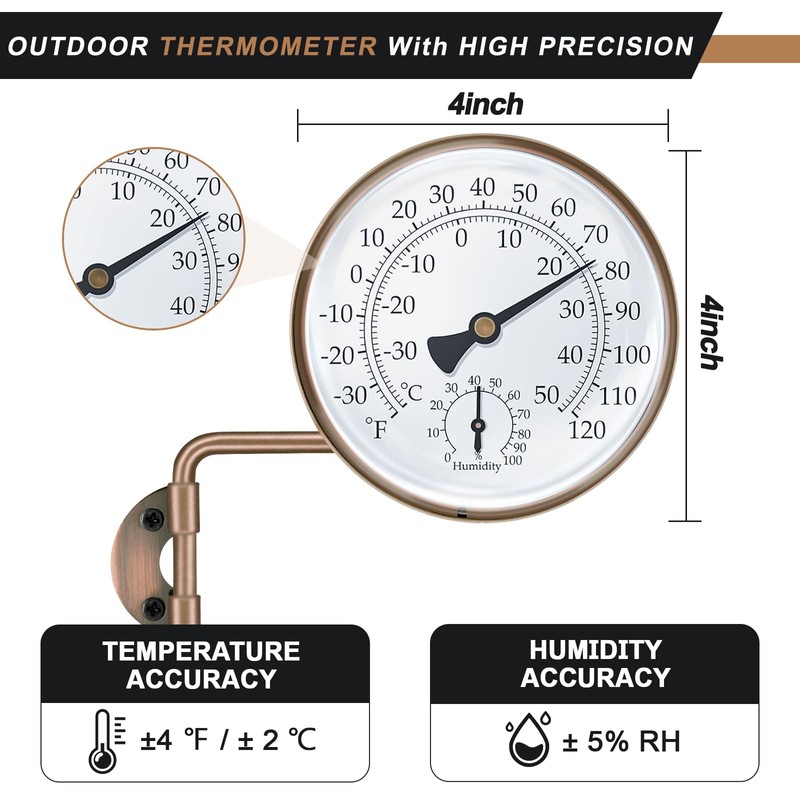 4 Inch Brass Outdoor Thermometer, Outside Decorative Thermometer for Patio,