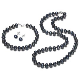 Treasure Bay Elegant Black Pearl Jewellery Set for Womens and Girls Made From 7-8mm Natural Black Freshwater Pearls Necklace, Bracelet and Earrings