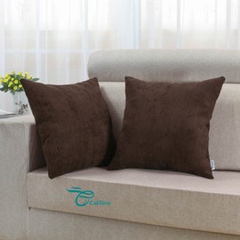 CaliTime Throw Pillow Covers Pack of 2 Ultra Soft Solid Color Corduroy Striped Decorative Cushion Cases for Couch Bed Sofa 18 X 18 Inches Coffee